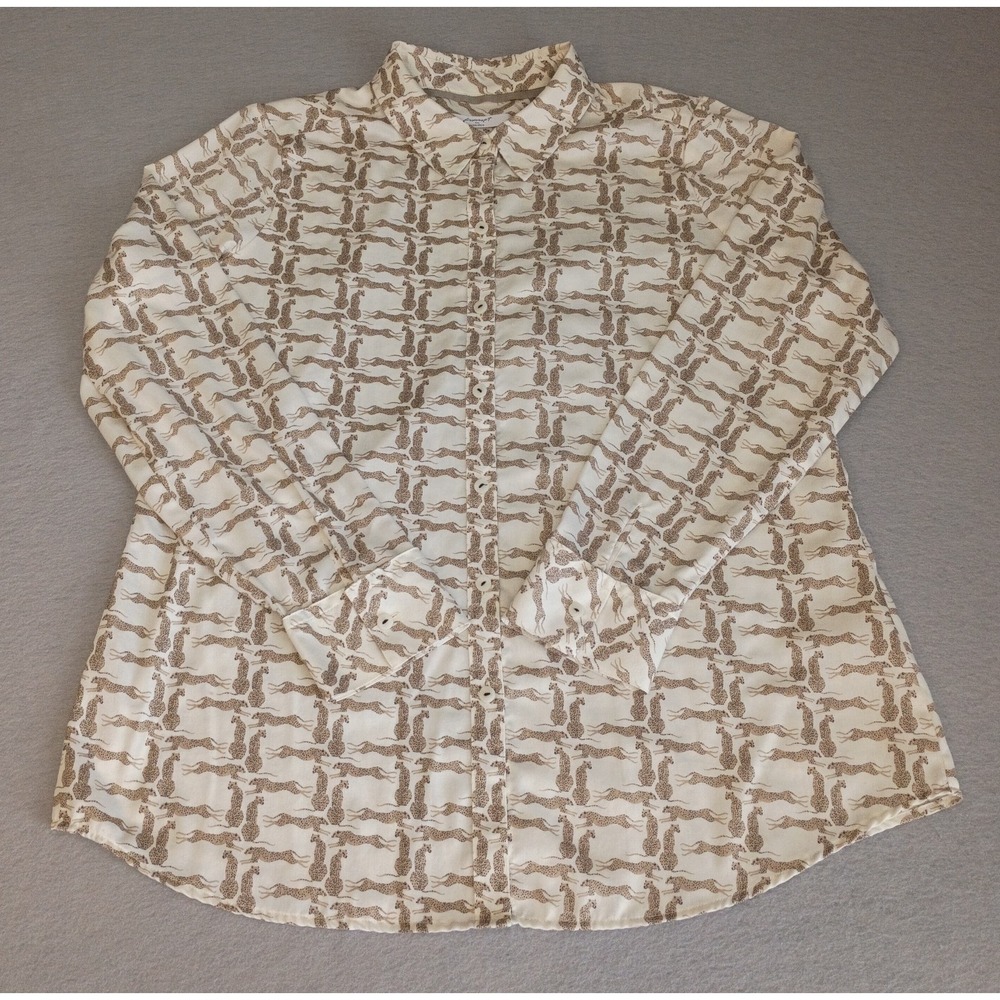 Foxcroft Womens 12 Tan Wrinkle Free Button Front Long Sleeve Blouse Cheetah